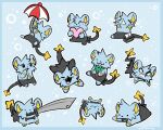ambiguous_gender angry black_body black_eyes black_fur blue_body blue_fur blush cute_fangs dessert dot_eyes eating_ice_cream fangs feral food fur generation_4_pokemon hand_on_face hi_res holding_heart holding_melee_weapon holding_object holding_sword holding_umbrella holding_weapon ice_cream ice_cream_cone lying melee_weapon multiple_expressions multiple_poses nintendo no_pupils object_in_mouth on_front parasol pokemon pokemon_(species) pose raydowi shinx simple_eyes sitting smile smirk smug solo surprised sword sword_in_mouth teeth tissue_box umbrella upside_down weapon weapon_in_mouth white_eyes yellow_body yellow_fur yellow_inner_ear