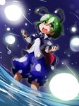  antennae cape fireflies green_eyes green_hair open_mouth shinapuu short_hair smile solo touhou water wriggle_nightbug 