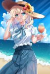  1girl alternate_costume beach blonde_hair blue_eyes blue_ribbon blue_skirt buttons collared_shirt commentary_request cup day dinotodon drink drink_request flower flower_request hand_in_own_hair hat hat_flower highres holding holding_cup holding_drink light_rays long_hair maribel_hearn neck_ribbon open_mouth ribbon rose sand shirt short_sleeves skirt solo sun_hat sunflower swept_bangs touhou water white_shirt 