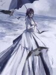  1girl anirrie bird black_choker chainsaw_man choker closed_mouth commentary dress grey_eyes hair_between_eyes highres holding holding_umbrella long_dress looking_at_viewer ocean outdoors overcast purple_hair reze_(chainsaw_man) sky solo umbrella white_dress 
