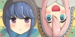  2girls beanie black_hat blue_eyes blue_hair blue_scarf blurry blurry_background blush brown_scarf closed_mouth dot_nose double-parted_bangs earflap_beanie food green_background green_scarf grey_scarf hair_between_eyes hat highres kagamihara_nadeshiko looking_at_viewer multicolored_scarf multiple_girls nao_suke onigiri open_mouth pink_hair portrait purple_eyes scarf shima_rin smile straight-on swept_bangs two-tone_background upside-down yellow_background yurucamp 