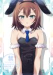  1boy absurdres animal_ears armpit_crease baka_to_test_to_shoukanjuu bare_shoulders black_leotard blue_necktie blush brown_hair brown_pantyhose chiyu_(bokunopiko) collar commentary_request covered_navel cowboy_shot crossdressing crossdressing_(mtf) detached_collar double-parted_bangs fake_animal_ears fishnet_pantyhose fishnets frills green_eyes hair_ornament hairclip highres kinoshita_hideyoshi leotard looking_at_viewer male_focus medium_hair necktie open_mouth pantyhose playboy_bunny rabbit_ears solo trap white_collar 