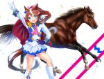  1girl animal_ears ascot asymmetrical_gloves blue_eyes blue_gloves blush boots brown_hair buttons cape commentary_request creature_and_personification double-breasted ear_ribbon epaulettes gloves hair_between_eyes hand_on_own_hip horse horse_ears horse_girl horse_tail jacket long_hair long_sleeves looking_at_viewer mismatched_gloves multicolored_hair multicolored_jacket open_mouth personification pink_ascot ponytail real_life red_cape single_epaulette single_hair_streak skirt smile streaked_hair sugimotty_nova tail tokai_teio_(peak_joy)_(umamusume) tokai_teio_(racehorse) tokai_teio_(umamusume) two-tone_hair two-tone_jacket two-tone_skirt umamusume white_boots white_gloves white_hair white_jacket white_skirt white_streaks 