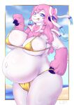 absurd_res anthro big_breasts bikini bikini_pull bovid breasts buckteeth caprine clothing clothing_pull eeveelution female fur generation_6_pokemon gold_bikini golden_week hair hi_res horn looking_at_viewer mammal mayternity mayternity_2026 navel nintendo outie outie_navel pink_body pink_fur pink_hair pokemon pokemon_(species) pregnant pupils sheep solo swimwear swimwear_pull sylveon syst teeth tongue tongue_out two-piece_swimsuit unusual_pupils