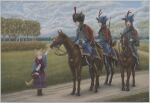  4girls :d absurdres animal_ears basket boots cat_ears cavalry colored_sclera commentary dirt_road diu9you english_commentary field gun harness hat highres holding holding_reins horse hussar long_sleeves multiple_girls musket original red_sclera reins riding_boots road saber_(weapon) scarf scenery shawl skirt smile sword tree ushanka weapon yawning 