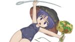  1girl arms_up blue_one-piece_swimsuit bowl bowl_hat breasts collarbone commentary_request covered_navel hat holding holding_mallet holding_needle mallet miracle_mallet needle needle_sword old_school_swimsuit one-piece_swimsuit outstretched_arms purple_eyes purple_hair school_swimsuit short_hair small_breasts solo sukuna_shinmyoumaru swimsuit thigh_gap touhou transparent_background winn 