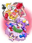  ascot blonde_hair book bow crescent fang flandre_scarlet hair_bow hat highres laevatein long_hair multiple_girls open_mouth patchouli_knowledge purple_eyes purple_hair reading red_eyes ribbon shinapuu short_hair side_ponytail smile touhou upside-down wings 