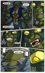  abs biceps big_muscles clothing comic dinosaur distressed eyes_closed fangs featureless_crotch green_skin growth keanon_woods lizard male muscle_growth muscles no_penis open_mouth pants pecs reptile scalie skaarj text toned torn_clothing transformation tusks 