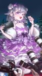  1girl 6+others alternate_costume bracelet camera chest_jewel dahaidan double_bun dress earrings fur_shawl gem grey_hair hair_bun handheld_game_console highres holding holding_camera holding_handheld_game_console hololive hololive_english jewel_under_eye jewelry koseki_bijou layered_dress long_hair multiple_others night nintendo_switch open_mouth outdoors purple_dress purple_eyes purple_gem purple_nails shawl solo_focus taking_picture tree virtual_youtuber 