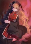  1girl black_dress blonde_hair closed_mouth commentary dalachi_(headdress) dress expressionless hair_between_eyes hand_up highres junko_(touhou) long_hair long_sleeves looking_at_viewer neold red_eyes red_tabard solo tabard touhou very_long_hair wavy_hair wide_sleeves 