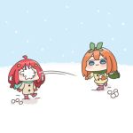  2girls :3 akino_ell blue_eyes blue_scarf blush boots brown_boots brown_jacket chibi closed_mouth commentary_request fringe_trim full_body fur-trimmed_boots fur_trim go-toubun_no_hanayome green_ribbon green_scarf hair_ornament hair_ribbon in_the_face jacket mittens multiple_girls nakano_itsuki nakano_yotsuba orange_hair orange_mittens pink_boots red_hair ribbon scarf snow snowball snowball_fight snowing star_(symbol) star_hair_ornament throwing 