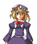  1girl 3peso blonde_hair bow bowtie collared_dress cowboy_shot dress game_asset hat hat_bow labyrinth_of_touhou labyrinth_of_touhou_(series) long_hair long_sleeves looking_at_viewer lowres maribel_hearn mob_cap non-web_source purple_dress red_bow red_bowtie self-datamine solo touhou transparent_background white_hat yellow_eyes 