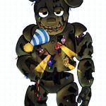  1girl 482egg 4boys animal_nose bonnie_(fnaf) chibi chica cowboy_shot cupcake cupcake_(fnaf) damaged five_nights_at_freddy's five_nights_at_freddy's_3 food foxy_(fnaf) freddy_fazbear furry furry_male grid_teeth half-closed_eyes hat highres humanoid_robot looking_at_viewer multiple_boys party_hat rabbit_boy robot simple_background springtrap standing streamers white_background 