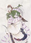  1boy androgynous animal_on_shoulder bird bird_on_shoulder closed_eyes commentary_request crossed_arms eyelashes fire_emblem fire_emblem:_genealogy_of_the_holy_war green_hair hair_over_one_eye hat_feather headscarf lewyn_(fire_emblem) long_sleeves male_focus puffy_long_sleeves puffy_sleeves sakurano_sagiri scarf short_hair solo striped_clothes striped_scarf 