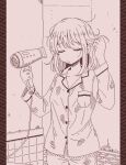  1girl bathroom collar drying floor food fruit grapes greyscale hair_dryer hamsterfragment holding lineart monochrome original pajamas patterned pocket pout shinohata_sachie_(hamsterfragment) sketch sleepy solo 