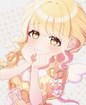  1girl 710koikoi :3 absurdres bare_arms blonde_hair blush braid commentary dress fake_wings fujita_kotone gakuen_idolmaster hair_ribbon highres idolmaster jiko_koutei_kan_baku_age_shuki_shuki_song_(idolmaster) long_hair looking_ahead official_alternate_costume puffy_short_sleeves puffy_sleeves ribbon short_sleeves solo twin_braids upper_body white_wings wings yellow_dress yellow_eyes yellow_ribbon 