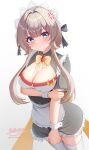  1girl alternate_costume anger_vein apron arm_under_breasts black_dress blue_eyes blush bow bowtie breasts brown_hair cleavage closed_mouth commentary_request dress enmaided frilled_apron frills gem genshin_impact hair_between_eyes highres hyakuya_iori large_breasts light_frown looking_at_viewer maid puffy_short_sleeves puffy_sleeves red_gem sandrone_(genshin_impact) short_hair_with_long_locks short_sleeves signature solo thighhighs twitter_username white_apron white_background white_thighhighs white_wrist_cuffs wrist_cuffs yellow_bow yellow_bowtie 
