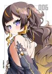 1girl :< absurdres anya_melfissa arms_behind_back back bare_back breasts brown_hair commentary earrings english_commentary highres hololive hololive_indonesia jewelry long_hair purple_eyes saltnvalk sideboob small_breasts solo 