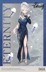  bare_shoulders blue_border blue_bridal_gauntlets blue_dress border breasts bridal_gauntlets character_name character_signature cleavage closed_mouth dress english_text eternity_(reverse:1999) evening_gown fragrance_(freakyduck9000) full_body grey_background grey_shoes high_heels highres jellyfish jellyfish_earrings jewelry large_breasts long_dress looking_at_viewer medium_hair necklace ponytail reverse:1999 shoes side_slit single_bare_arm single_bridal_gauntlet sleeveless sleeveless_dress smile solo white_hair yellow_eyes 