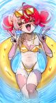  1girl absurdres alternate_costume bikini black_nails blush breasts closed_eyes colored_skin double_bun double_w eyewear_on_head fangs gold_bikini grey_hair grey_skin hair_bun highres hololive hololive_indonesia kghazir kureiji_ollie multicolored_hair multicolored_skin navel open_mouth pink_skin red_hair small_breasts solo stitched_leg stitched_torso stitches swimsuit virtual_youtuber w water zombie 