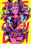  1girl absurdres animal_ears arms_up blue_eyes breasts brown_hair collarbone crown daring_heart_(racing)_(umamusume) daring_heart_(umamusume) fishnet_pantyhose fishnets hair_ornament highres horse_ears horse_girl horse_tail jacket large_breasts long_hair looking_at_viewer open_mouth pantyhose scalizo shirt single_leg_pantyhose skirt smile solo tail thigh_strap tiara umamusume yellow_jacket yellow_skirt 