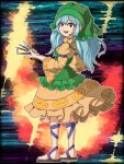  1girl abstract_background aksawshin apron blue_hair commentary dress from_side full_body green_apron green_headscarf haniyasushin_keiki headscarf knife pixel_art red_eyes sandals single_strap solo standing tools touhou untranslatable_commentary yellow_dress 