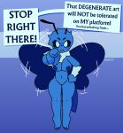 angry antennae_(anatomy) anthro arm_tuft arthropod arthropod_abdomen back_wings black_sclera blue_body blue_fur blue_nipples blue_wings bluesky_(social_media) bluesky_butterfly blush blush_lines breasts butterfly claws couldbestella dialogue eyelashes feet female finger_claws flying fur genitals gesture hand_gesture hand_on_hip head_tuft hi_res insect insect_wings insult insulting_viewer lepidopteran lepidopteran_wings motion_lines navel neck_tuft nipples noseless nude nude_anthro nude_female pointing pointing_at_viewer solo talking_to_viewer toe_claws tuft vulva white_body white_eyes white_fur wings wrist_tuft