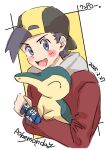  1boy 1other 2025 abstract_background backwards_hat baseball_cap black_hat blue_eyes blush_stickers closed_eyes commentary_request cyndaquil dated english_text ethan_(pokemon) hat highres holding holding_pokemon hood hooded_jacket jacket kinoshita_aki one-hour_drawing_challenge open_mouth pokegear pokemon pokemon_(creature) pokemon_day pokemon_gold/silver/crystal pokemon_heartgold_and_soulsilver red_jacket snout tareme two-tone_background two-tone_hat upper_body white_background yellow_background yellow_hat 