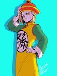  1girl android_18 blonde_hair blush dragon_ball dragon_ball_z dragonball_z dress hat lowres simple_background solo son_gohan yellow_dress 