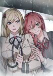  2girls arm_hug bak_pep black_ribbon blazer blonde_hair blue_eyes breasts buttons clothes_around_waist collarbone collared_shirt commentary_request commission dot_nose flower green_eyes grey_jacket grey_vest hair_between_eyes hair_flower hair_ornament hair_over_shoulder hands_on_another's_arm head_on_another's_shoulder holding holding_umbrella jacket korean_commentary leaning_on_person long_hair long_sleeves looking_at_viewer looking_to_the_side medium_breasts multiple_girls neck_ribbon one_eye_closed open_mouth parted_bangs pink_hair rain rectangular_mouth red_flower red_ribbon red_rose ribbon rose school_uniform second-party_source shirt shoujo_kageki_revue_starlight shoujo_kageki_revue_starlight_-re_live- sideways_glance simple_background smile striped_clothes striped_shirt sweatdrop sweater_vest tsuruhime_yachiyo umbrella upper_body v-shaped_eyebrows vertical-striped_clothes vertical-striped_shirt vest white_background white_shirt wing_hair_ornament x_hair_ornament yumeoji_fumi 