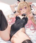  1girl animal_ear_hairband animal_ears armpits arms_up bare_shoulders black_leotard black_thighhighs blonde_hair blush bow bowtie braid breasts cameltoe cleavage colored_inner_hair commentary covered_navel crossed_bangs detached_collar fake_animal_ears hair_between_eyes hairband highleg highleg_leotard highres leotard long_hair looking_at_viewer lying multicolored_hair on_back original pink_eyes pink_hair playboy_bunny rabbit_ear_hairband rabbit_ears rikudou_inuhiko solo spread_legs strapless strapless_leotard thighhighs untranslatable_commentary white_wrist_cuffs wrist_cuffs 