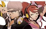  1girl bow breasts brown_eyes brown_hair choker cleavage fingerless_gloves gloves grey_eyes hair_bow headphones kujikawa_rise lipstick makeup narukami_yuu official_art open_collar parted_lips persona persona_4 persona_4:_dancing_all_night pink_lipstick silver_hair simple_background soejima_shigenori twintails v 