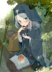 1girl absurdres blue_eyes blush book bread commentary_request dappled_sunlight eating food food_on_body food_on_face food_on_legs glint grey_hair highres long_hair long_sleeves looking_at_viewer mage_staff meikyu_kuso_tawake napkin nun_headdress saliva_on_hand solo staff stear sunlight syafa 