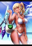  bikini blue_sky breasts cloud covered_nipples day flandre_scarlet food fruit highres large_breasts open_mouth red_eyes ryuuno_stadtfeld scrunchie side_ponytail sky smile solo swimsuit tan touhou watermelon white_bikini wings 
