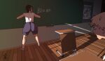  1boy 1girl animated animated_gif artist_logo artist_name ass ass_shake blonde_hair blue_shorts blush chainsaw_man classroom collared_shirt d-art denji_(chainsaw_man) english_commentary highres huge_ass logo medium_hair open_mouth purple_hair reze_(chainsaw_man) shirt shoes short_hair shorts sleeveless sleeveless_shirt smile socks staring surprised twerking white_shirt white_shoes white_socks whiteboard wide-eyed wooden_floor 