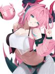  aqua_streaks arknights arknights:_endfield artzy_tyrannical_(arknights) belly belt black_horns blue_eyes blunt_bangs breasts cleavage detached_sleeves diamond_in_eye dragon_girl dragon_horns dragon_tail hair_intakes hair_on_horn haniwakun2006 head_tilt highres horns large_breasts long_hair multicolored_hair multicolored_horns navel pants pink_hair pink_horns pink_sleeves pink_tube_top pointy_ears strapless streaked_hair tail tube_top twintails two-tone_horns v white_background white_pants yvonne_(arknights) 