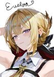  1girl black_choker blonde_hair blush braid braided_base character_name chest_harness choker commentary_request evelyn_chevalier hair_bun hair_intakes hair_ornament harness head_tilt highres kopo long_hair looking_at_viewer mole necktie purple_eyes shirt simple_background single_hair_bun sleeveless sleeveless_shirt smile solo vest white_background white_shirt white_vest yellow_necktie zenless_zone_zero 