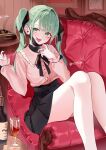  1girl absurdres black_mask black_nails black_ribbon black_skirt black_undershirt blouse blunt_bangs bottle commentary_request couch cup double-parted_bangs drinking_glass earrings eyes_visible_through_hair fangs fingernails frilled_shirt_collar frills green_eyes green_hair hair_between_eyes hair_ribbon hatsune_miku highres indoors jewelry jirai_kei long_sleeves mask mask_pull medium_hair mouth_mask nail_polish neck_ribbon on_couch pink_shirt ribbon ring shirt sidelocks signature sitting skirt solo tongue tongue_out twintails undershirt vampire_(vocaloid) vocaloid wine_bottle wine_glass yomi_46neko 