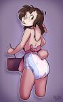 anthro apron arzdin clothed clothing diaper female lagomorph leporid looking_at_viewer looking_back looking_back_at_viewer mammal myra_(arzdin) rabbit rear_view simple_background solo wearing_diaper