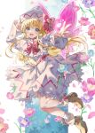  1girl blonde_hair blue_eyes blue_flower boots bow bowtie brown_boots capelet commentary_request dress fairy fairy_wings flower flower_request frilled_capelet frills full_body hat hat_bow highres lily_white long_hair long_sleeves looking_at_viewer nanop38 open_mouth pink_flower pink_wings purple_flower red_bow red_bowtie smile socks solo touhou very_long_hair white_capelet white_dress white_hat white_socks wide_sleeves wings 