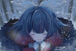  1girl artist_name black_hair bow closed_eyes coat columbina_(genshin_impact) commentary english_commentary eye_mask fatui_coat fur-trimmed_coat fur_trim genshin_impact gradient_hair hair_ornament hair_tubes highres kitsunetenma long_sidelocks mask multicolored_hair multiple_wings open_mouth outdoors portrait purple_hair purple_streaks see-through_clothes see-through_mask sidelocks signature smile snow snowing solo streaked_hair two-tone_hair white_bow white_mask white_wings wing_hair_ornament wings winter 