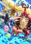  4boys :3 antennae atlurkabuterimon atlurkabuterimon_(red) bubbmon bug claws colored_skin commentary compound_eyes digimon digimon_(creature) digimon_adventure electricity evolutionary_line extra_arms fangs giant_insect green_skin heraklekabuterimon highres horns insect_wings kabuterimon looking_at_viewer mochimon monster multiple_boys muscular muscular_male no_humans open_mouth pacifier pink_skin sharp_teeth single_horn size_difference slime_(creature) smile teeth tentomon tongue wings wrongscale 