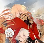  2boys antenna_hair apple armlet armor basket black_choker black_coat black_gloves black_shirt blonde_hair blue_eyes braid cape chinese_commentary choker clawed_gauntlets coat commentary_request earrings facial_tattoo fingerless_gloves food fruit gloves gold_earrings gradient_hair highres honkai:_star_rail honkai_(series) jewelry male_focus medium_hair multicolored_hair multiple_boys mydei_(honkai:_star_rail) neck_tattoo one_eye_closed parted_bangs pauldrons phainon_(honkai:_star_rail) red_cape red_hair red_tattoo shirt short_hair shoulder_armor shuangluozhifenghua side_braid single_pauldron sun_symbol sun_tattoo tattoo wheat_field white_coat white_hair yellow_eyes 