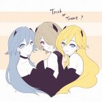  3girls black_choker black_gloves black_hair black_leotard blonde_hair blue_eyes breasts brown_hair choker closed_mouth commentary_request durandal_(honkai_impact) earrings elbow_gloves english_commentary english_text fu_hua gloves hair_over_one_eye halloween halloween_costume highres honkai_(series) honkai_impact_3rd jewelry large_breasts leotard long_hair looking_at_viewer mixed-language_commentary mole mole_under_eye mon_momu multiple_girls purple_eyes rita_rossweisse short_hair small_breasts strapless strapless_leotard upper_body 
