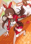  1girl absurdres amber_(100_outrider)_(genshin_impact) amber_(genshin_impact) baron_bunny_(genshin_impact) belt_pouch boots breasts brown_eyes brown_hair chair commentary_request crossed_bangs european_architecture feet_on_chair floating_hair genshin_impact gloves goggles goggles_around_neck hair_between_eyes hairband highres jacket long_hair long_sleeves looking_at_viewer medium_breasts mondstadt_city on_roof open_mouth outdoors peanut_mouth pouch pyro_symbol_(genshin_impact) red_gloves red_hairband red_jacket red_shorts red_thighhighs schop shorts signature solo standing standing_on_one_leg streamers string_of_flags thighhighs two-sided_gloves vision_(genshin_impact) white_boots white_gloves 