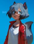  1girl animal_ears animal_nose artist_request black_hair black_tail blue_background blue_hair blue_tail brand_new_animal day furry furry_female jacket kagemori_michiru looking_to_the_side multicolored_hair multicolored_tail non-web_source open_mouth raccoon_ears raccoon_girl red_jacket shirt simple_background solo t-shirt tail tanuki teeth two-tone_fur two-tone_hair two-tone_tail upper_body upper_teeth_only white_shirt white_trim 