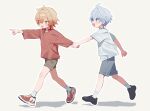  2boys absurdres aged_down alternate_costume antenna_hair black_shoes blonde_hair blue_eyes blush braid brown_shorts crew_neck facial_tattoo gradient_hair grey_background grey_shorts hazozoyaku highres holding_hands honkai:_star_rail honkai_(series) male_focus medium_hair multicolored_hair multiple_boys mydei_(honkai:_star_rail) neck_tattoo outline parted_bangs phainon_(honkai:_star_rail) pointing red_hair red_shirt red_shoes red_tattoo shirt shoes short_hair short_sleeves shorts side_braid socks sun_symbol sun_tattoo tattoo white_hair white_outline white_shirt white_socks yellow_eyes 