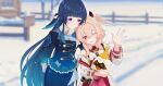  2girls :p absurdres arms_behind_back blue_hair blue_skirt blurry blurry_background blush celaeno_(genshin_impact) chinese_commentary closed_mouth commentary_request day detached_sleeves dress genshin_impact hand_up head_wings heart heart-shaped_pupils highres holding linnea_(genshin_impact) long_hair looking_at_another looking_at_viewer lumi_(genshin_impact) multiple_girls outdoors pink_hair pointy_ears purple_eyes red_dress red_eyes sasaki3rd short_hair_with_long_locks siblings sisters skirt smile snow symbol-shaped_pupils tongue tongue_out very_long_hair white_sleeves wings 