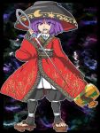  1girl abstract_background aksawshin alternate_costume bandage_in_mouth bandages bowl bowl_hat clenched_teeth commentary full_body geta hat japanese_clothes kimono mallet needle pixel_art purple_eyes purple_hair red_kimono short_hair solo sukuna_shinmyoumaru teeth touhou untranslatable_commentary 