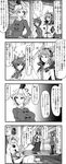  4koma animal_ears blood blood_from_mouth blush bracelet breasts cape cat_ears chen clock closed_eyes comic crossed_arms dynamite earmuffs enami_hakase greyscale hat highres jewelry large_breasts long_hair monochrome mononobe_no_futo multiple_girls multiple_tails open_mouth ritual_baton shaded_face short_hair single_earring soga_no_tojiko tail tate_eboshi thighhighs touhou toyosatomimi_no_miko translated 